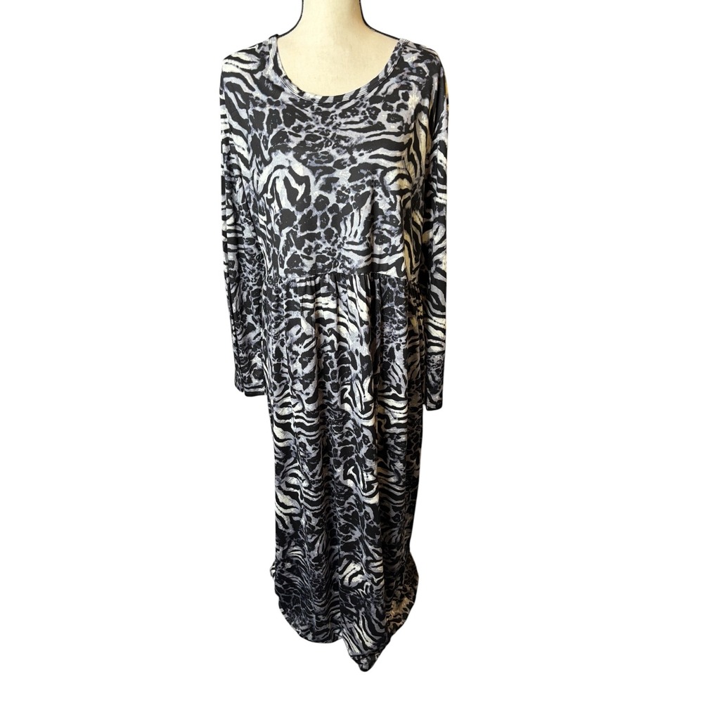 Tencede Womens 3XL Animal Print Maxi Dress Long Sleeve Zebra Leopard Black Grey